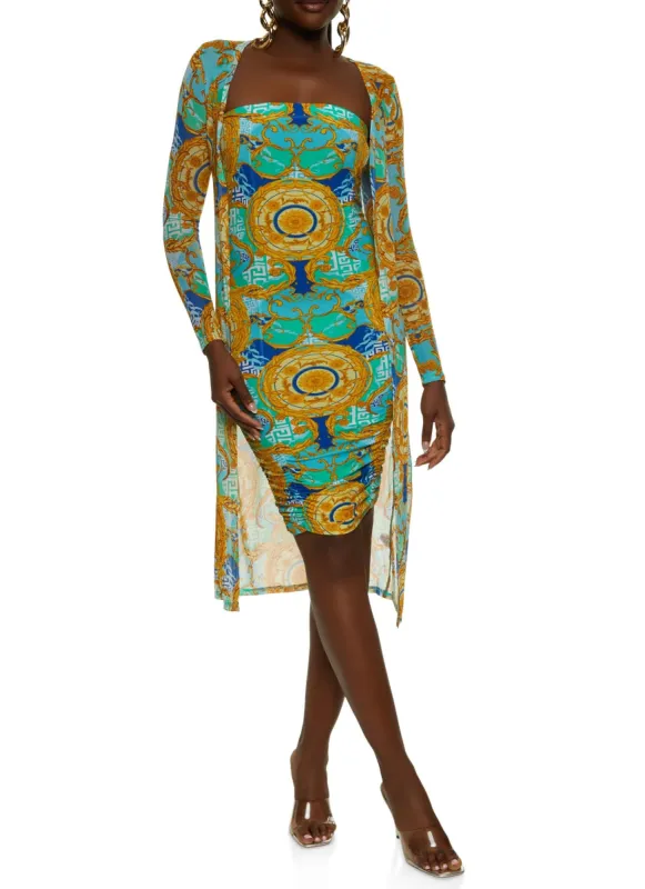 Greek Key Baroque Print Ruched Tube Dress and Duster sold by Rainbow