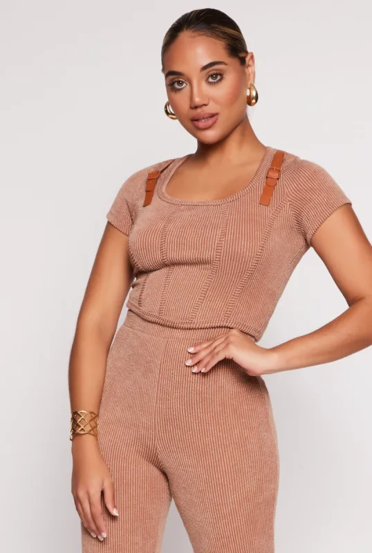 Ribbed Knit Buckle Strap Detail Corset Tee sold by Rainbow