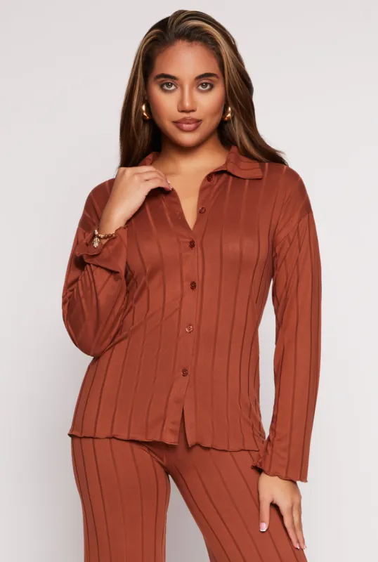 Ribbed Button Front Long Sleeve Shirt sold by Rainbow