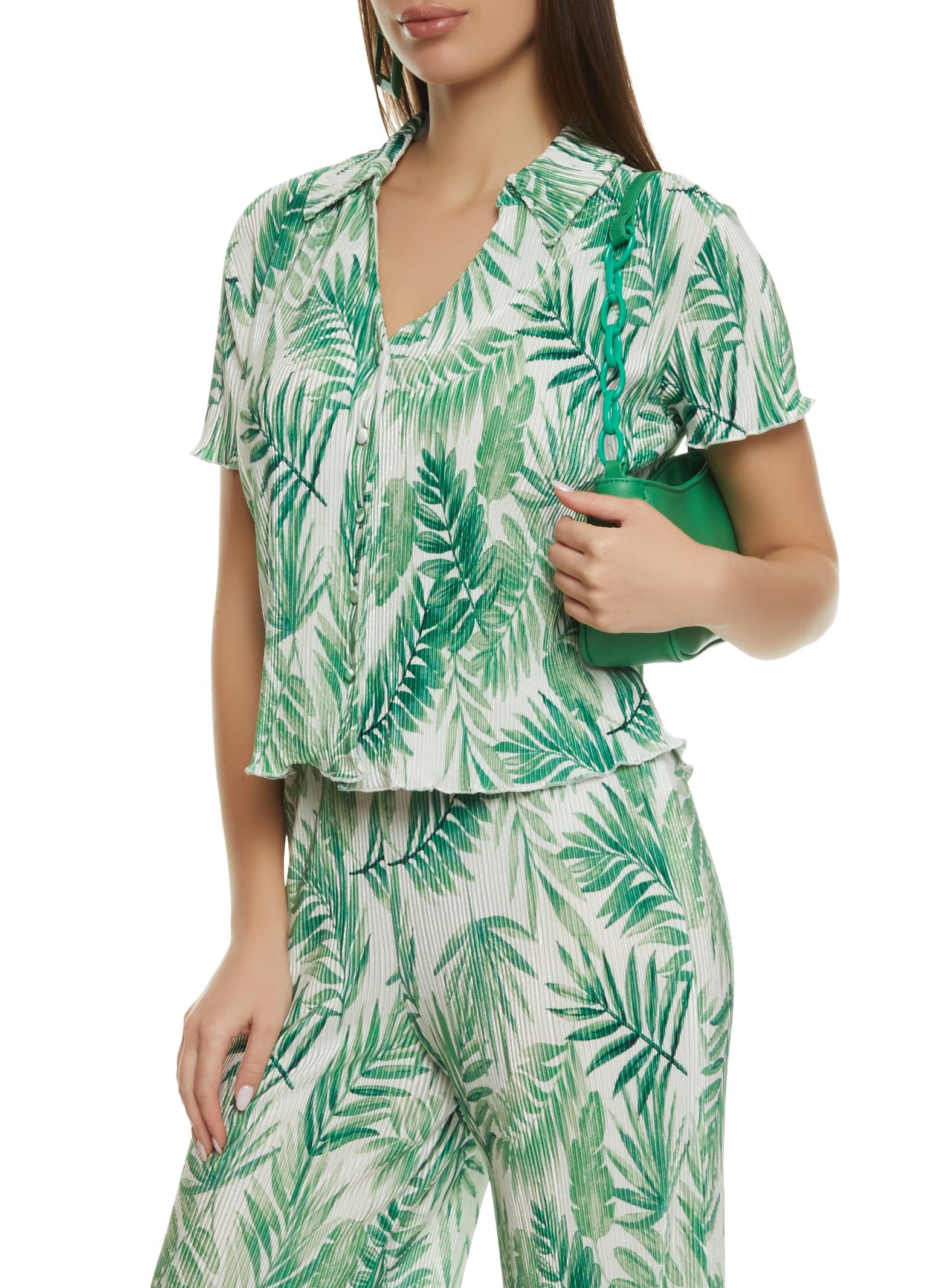 Plisse Palm Print Button Front Shirt sold by Rainbow
