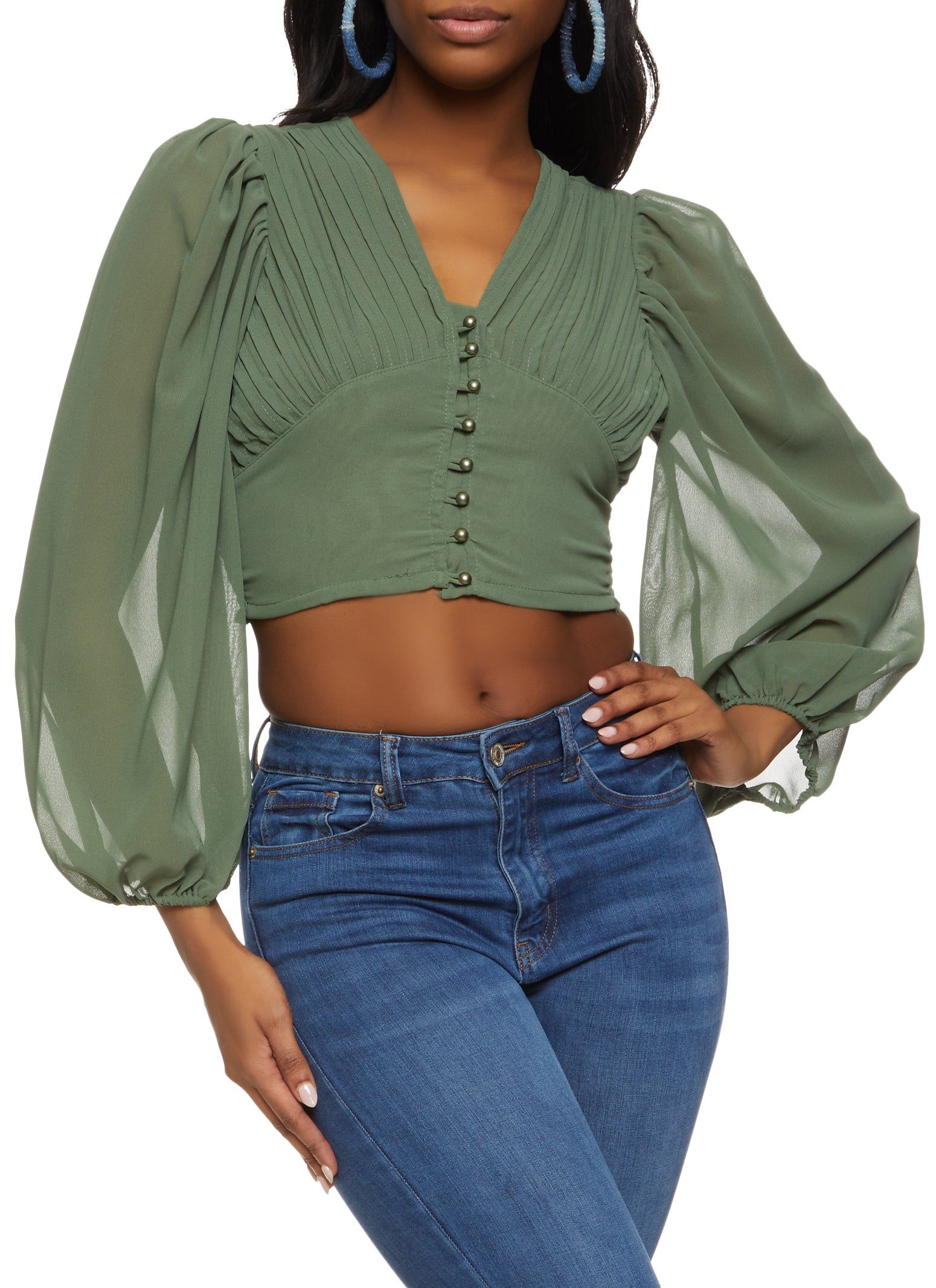 Pleated Button Front Cropped Blouse sold by Rainbow