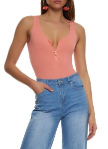 Rib Knit Half Zip Scoop Neck Sleeveless Bodysuit sold by Rainbow