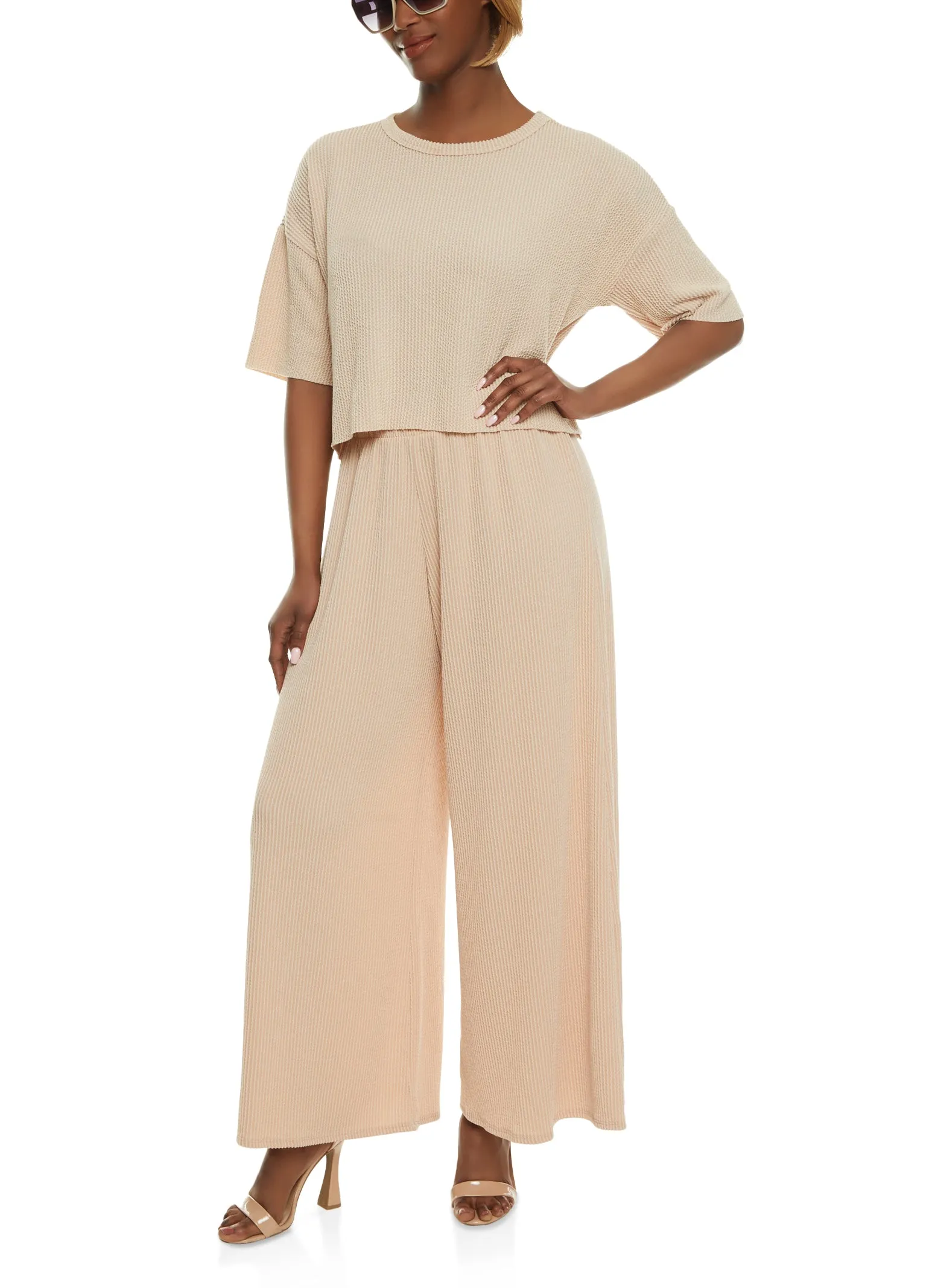 Textured Ribbed Knit Crew Neck Top sold by Rainbow