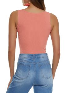 Rib Knit Half Zip Scoop Neck Sleeveless Bodysuit sold by Rainbow