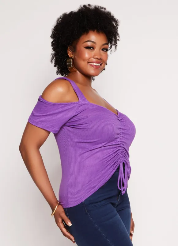 Plus Size Ribbed Knit Ruched Cold Shoulder Top sold by Rainbow