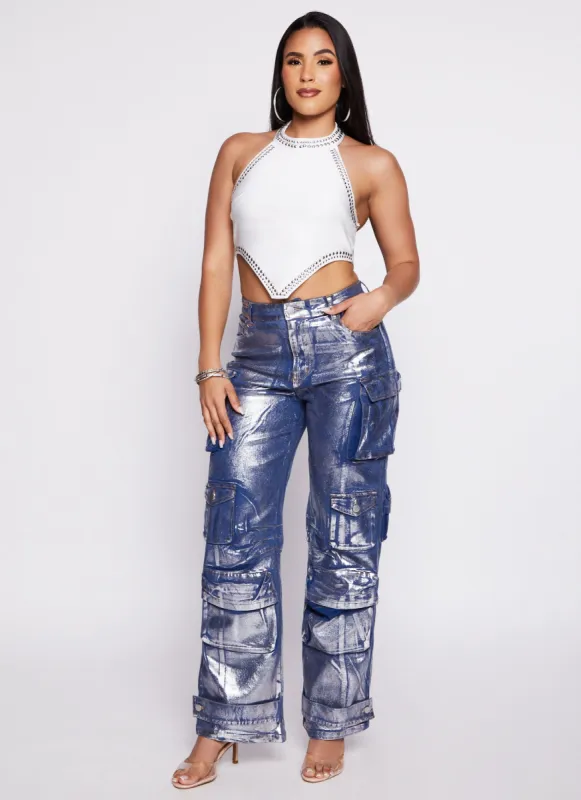Daisy Foil Screen Wide Leg Cargo Jeans sold by Rainbow