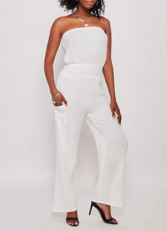 Gauze Knit Smocked Waist Cargo Jumpsuit sold by Rainbow