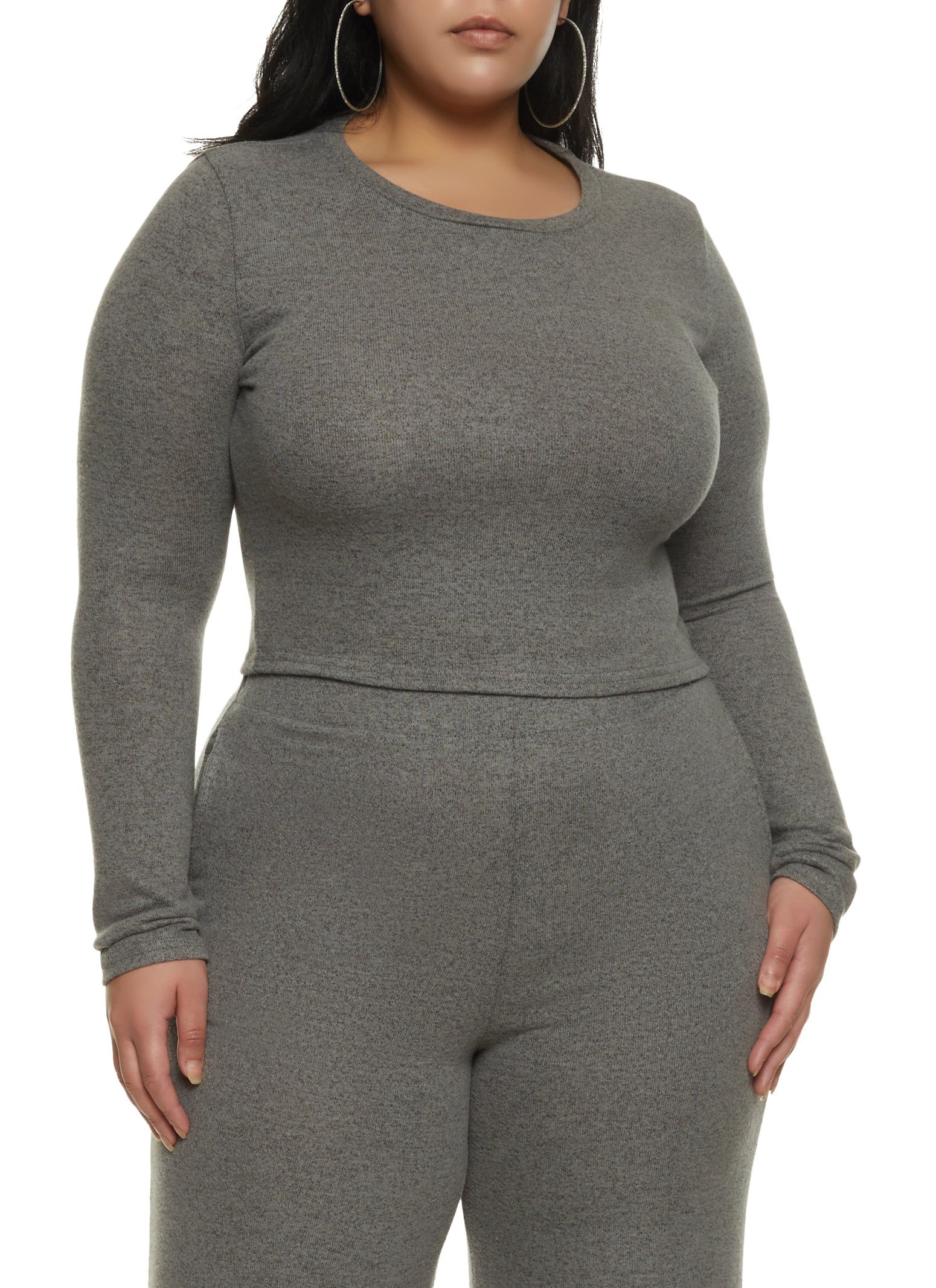 Plus Size Brushed Knit Long Sleeve Crop Top sold by Rainbow