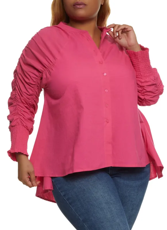 Plus Size Ruched Smocked Sleeve High Low Shirt sold by Rainbow