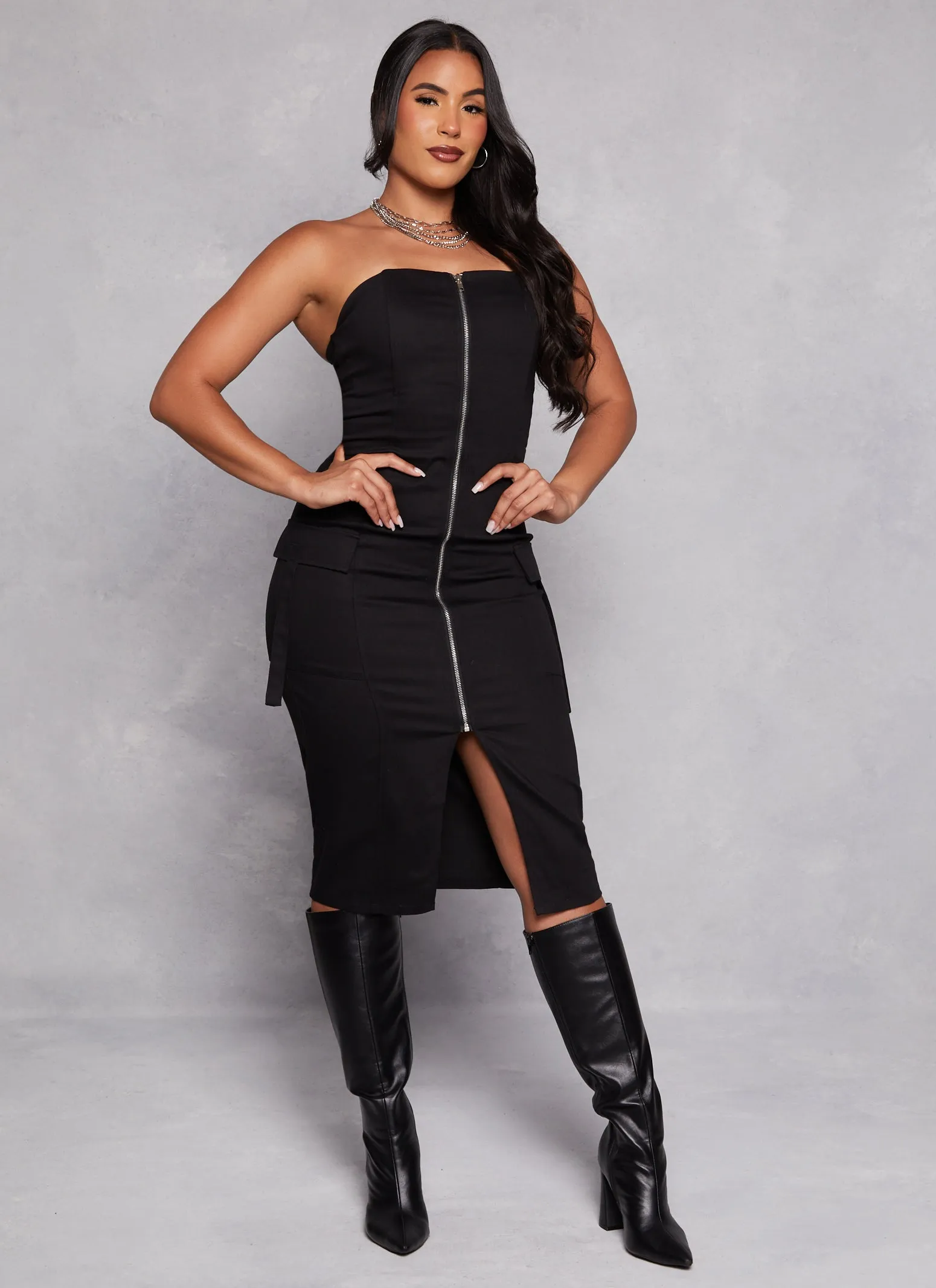 Haute Monde Strapless Zip Front Cargo Pocket Midi Dress sold by Rainbow