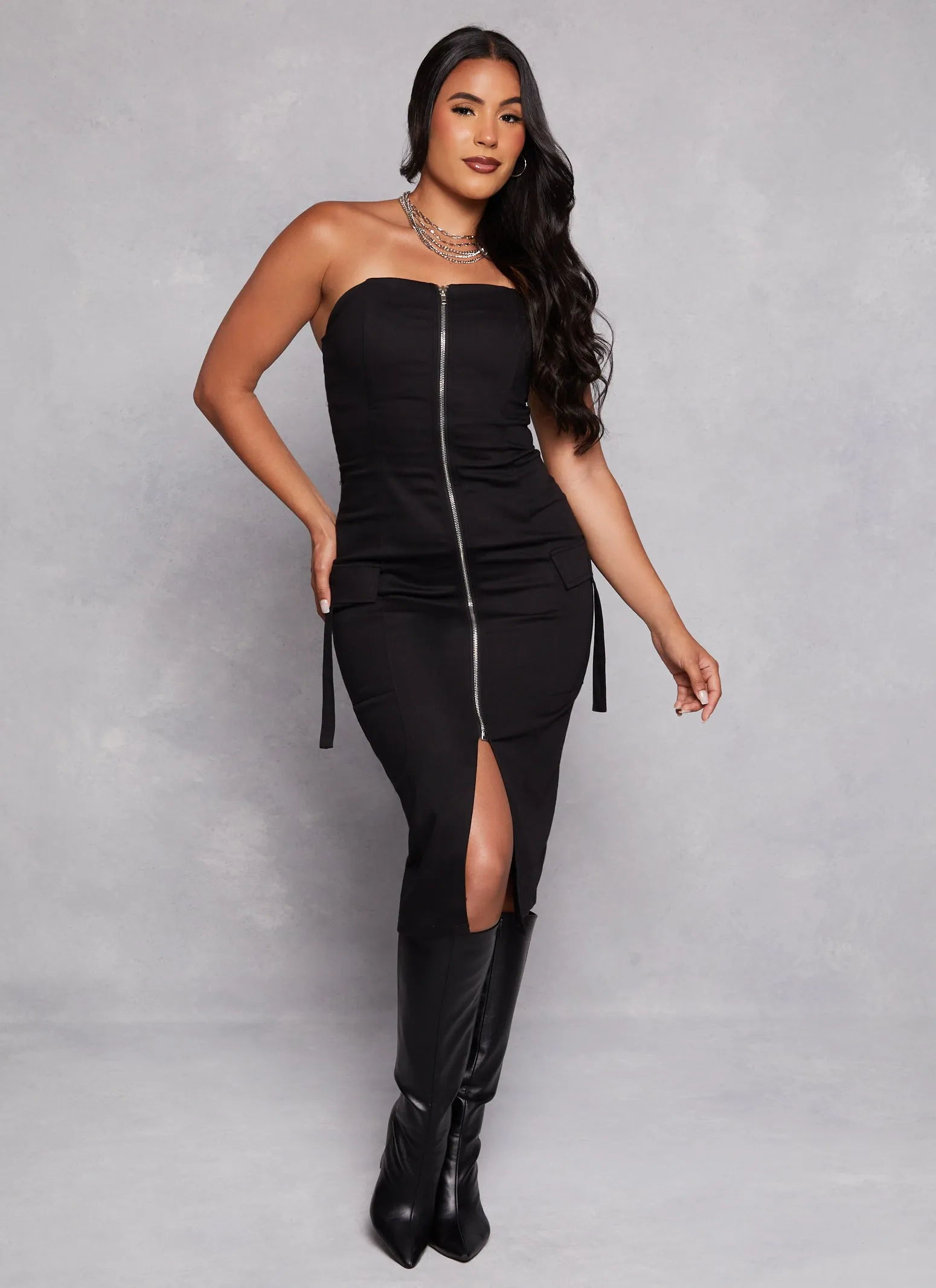 Haute Monde Strapless Zip Front Cargo Pocket Midi Dress sold by Rainbow product image thumbnail 2