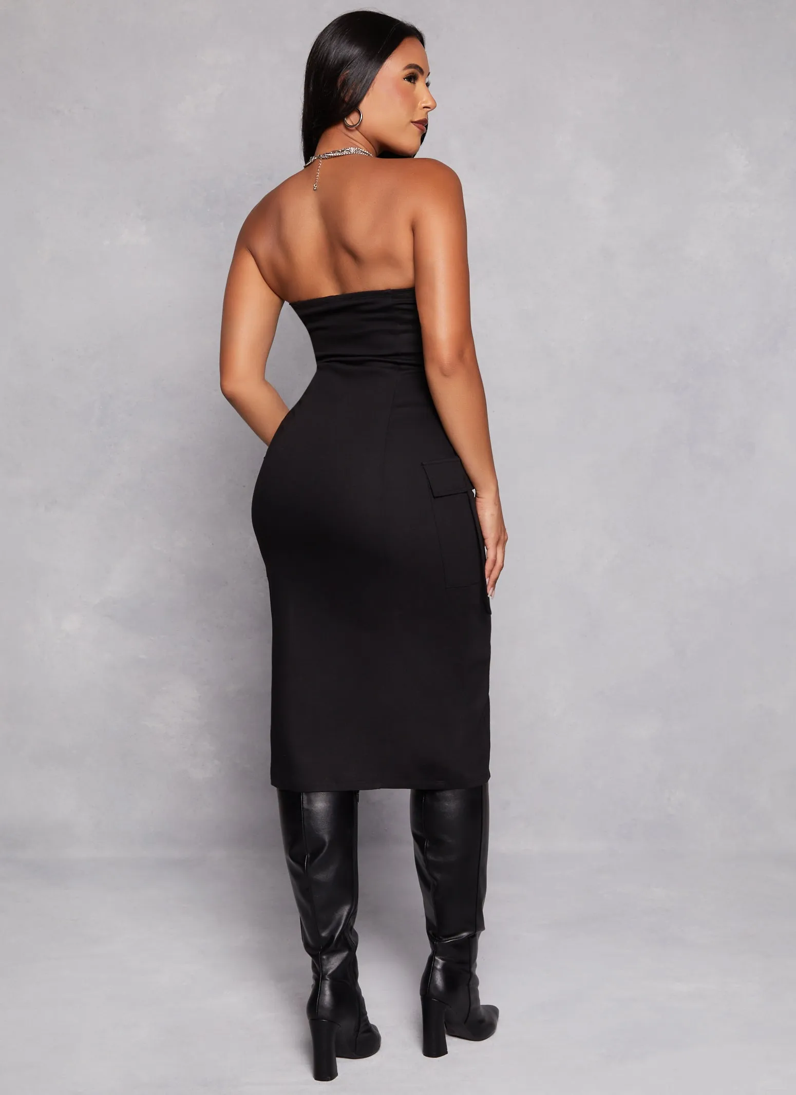 Haute Monde Strapless Zip Front Cargo Pocket Midi Dress sold by Rainbow product image thumbnail 3