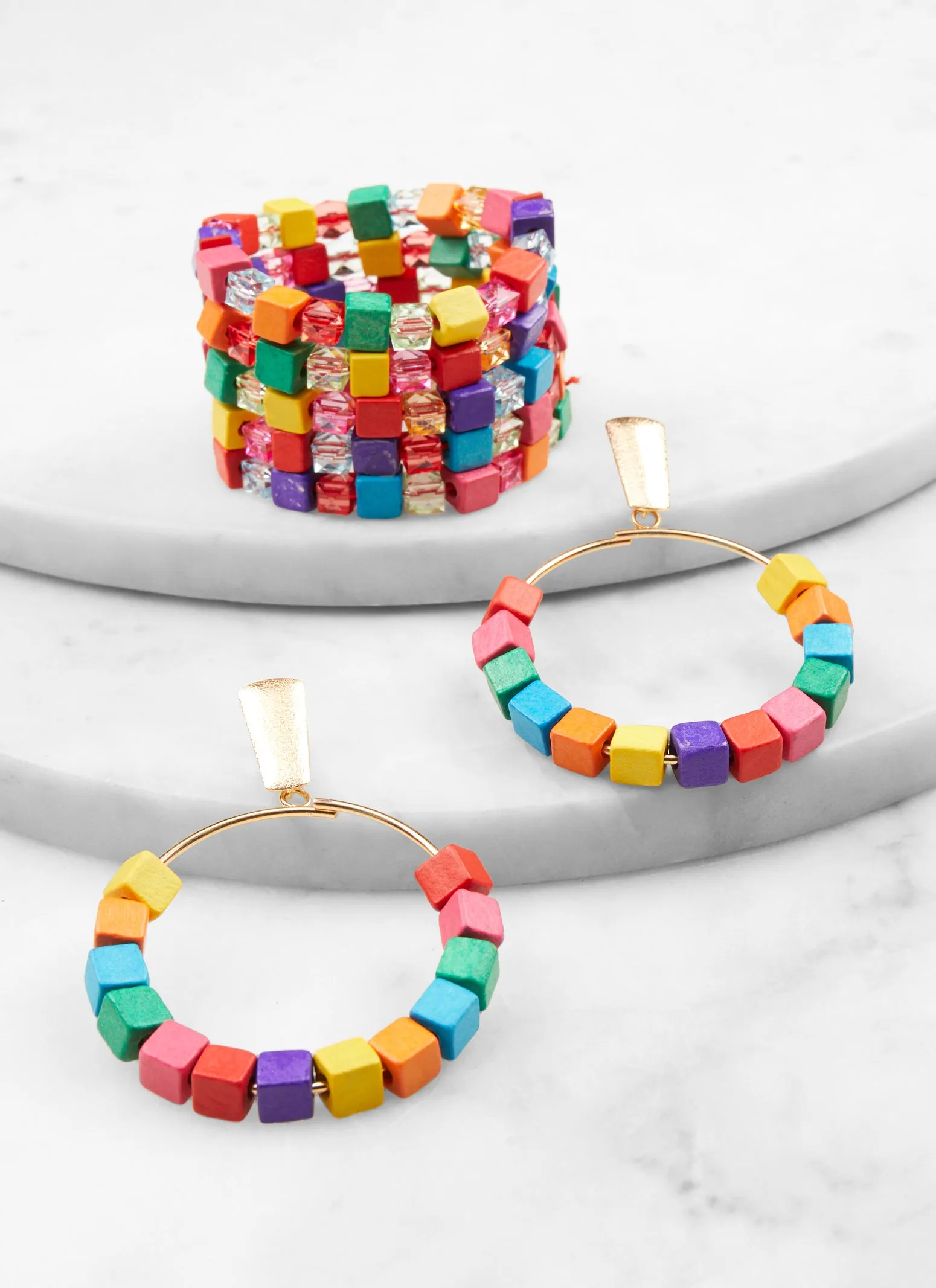 Wooden Cube Hoop Earrings and Stretch Bracelet sold by Rainbow product image thumbnail 2