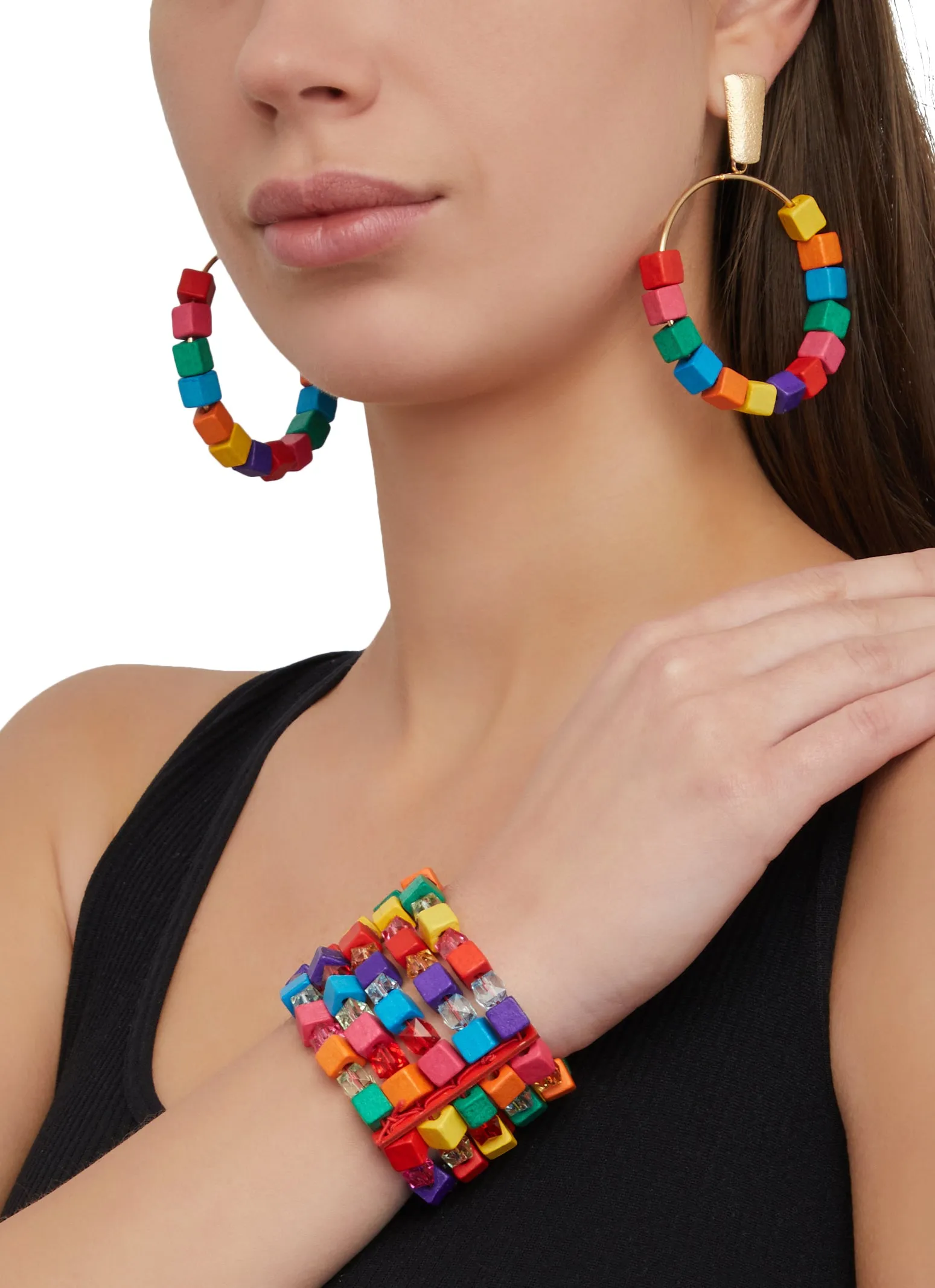 Wooden Cube Hoop Earrings and Stretch Bracelet sold by Rainbow