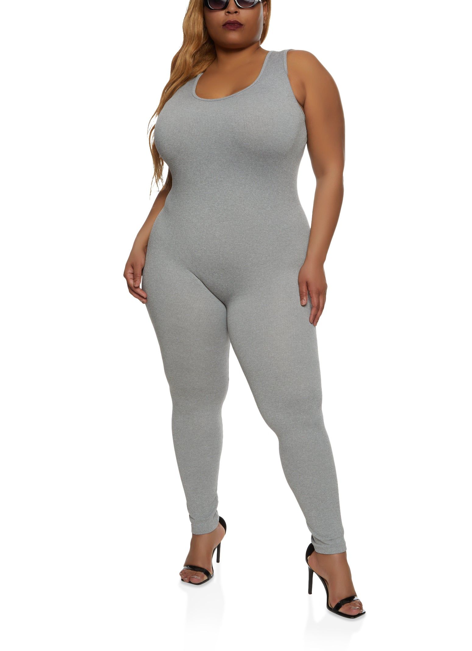 Plus Size Rib Knit Scoop Neck Catsuit sold by Rainbow