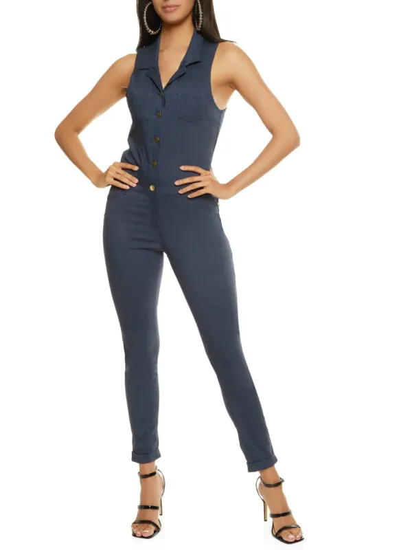 Twill Button Front Hyper Stretch Jumpsuit sold by Rainbow