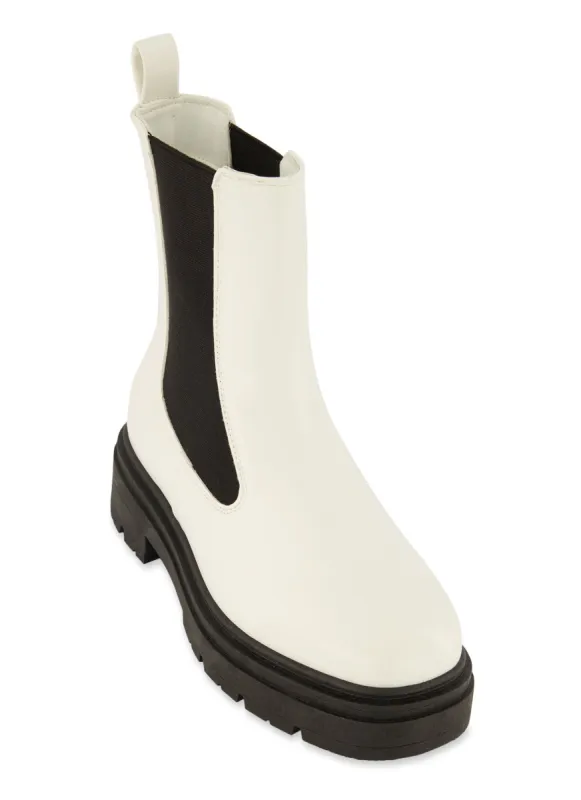 Faux Leather Side Gore Lug Sole Platform Booties sold by Rainbow