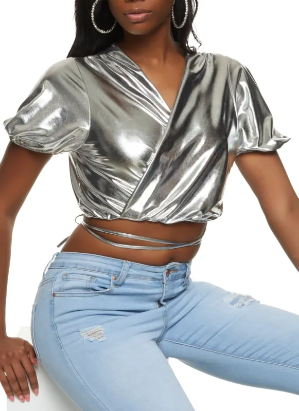 Puff Sleeve Cropped Wrap Top sold by Rainbow