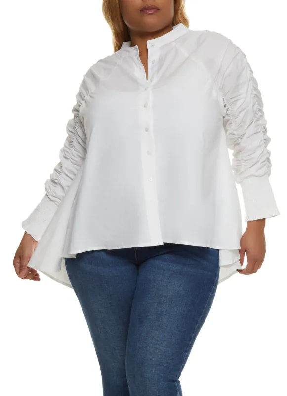 Plus Size Ruched Smocked Sleeve High Low Shirt sold by Rainbow