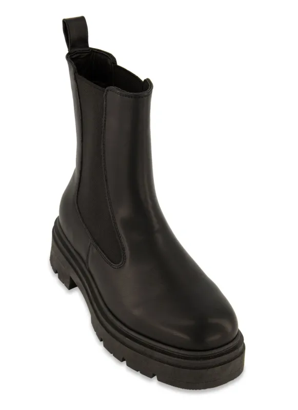 Faux Leather Side Gore Lug Sole Platform Booties sold by Rainbow