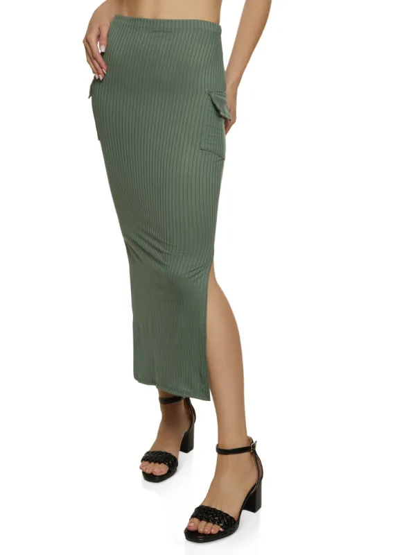 Ribbed Knit High Waist Cargo Maxi Skirt sold by Rainbow