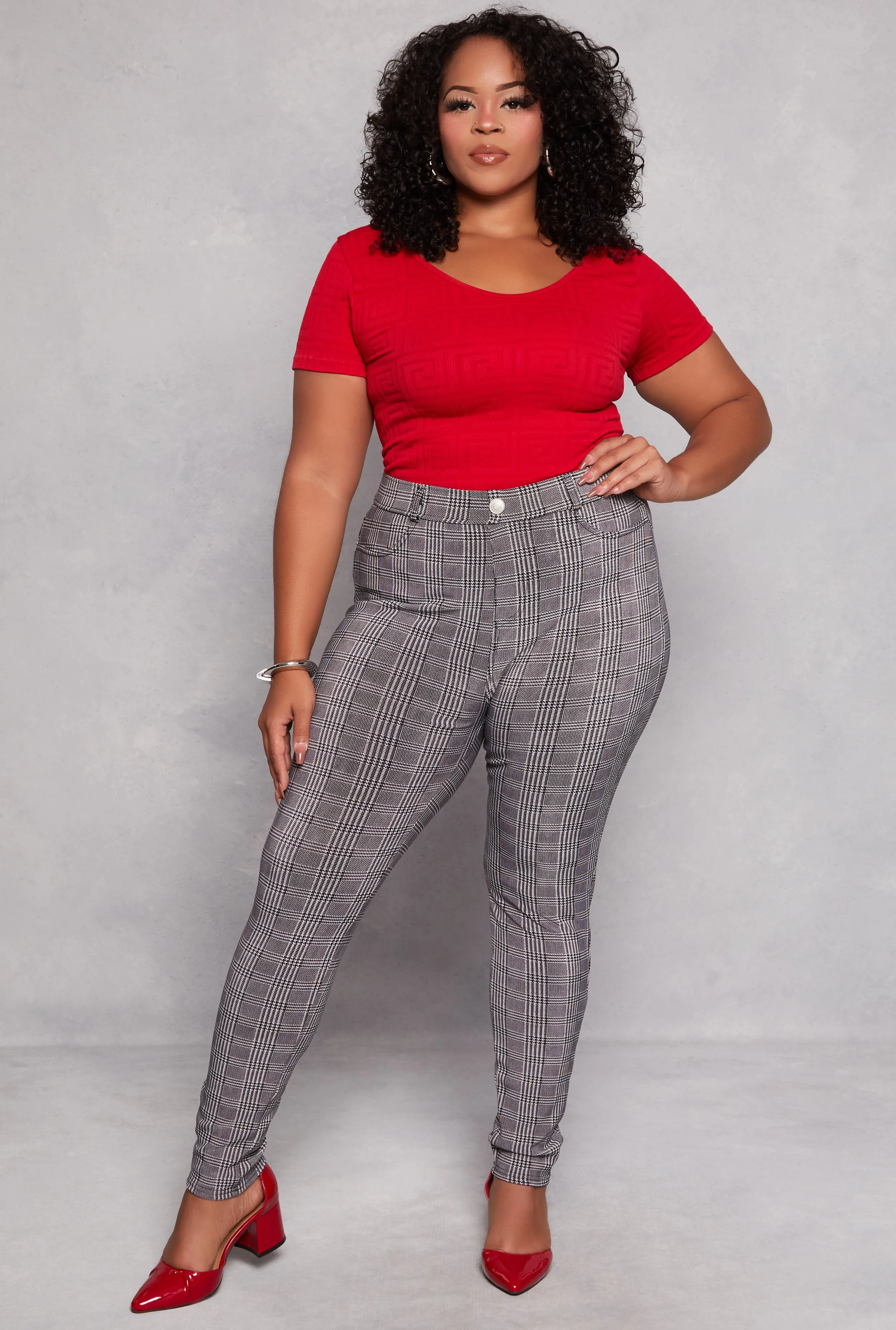 Plus Size Houndstooth Plaid High Waist Pants sold by Rainbow