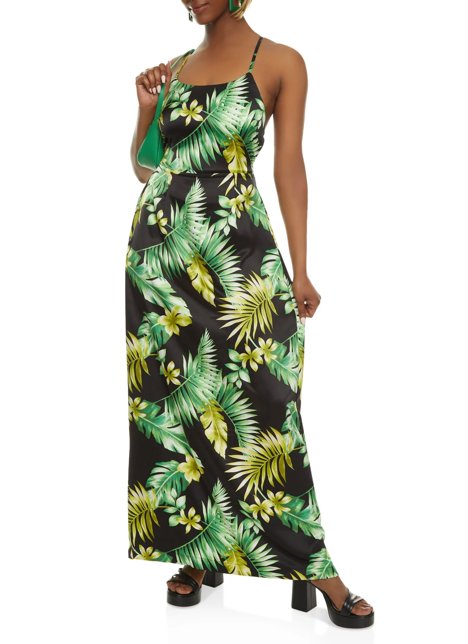 Haute Monde Open Criss Cross Back Tropical Print Maxi Dress sold by Rainbow