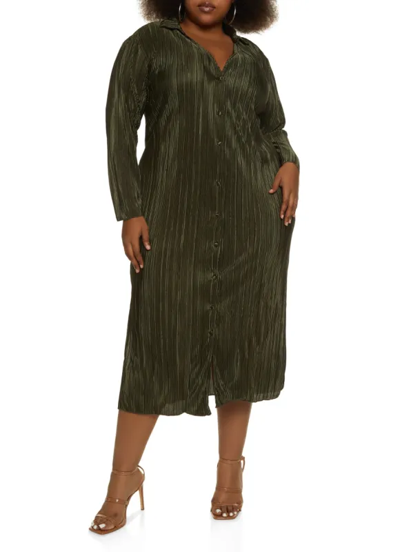 Plus Size Plisse Button Front Maxi Shirt Dress sold by Rainbow