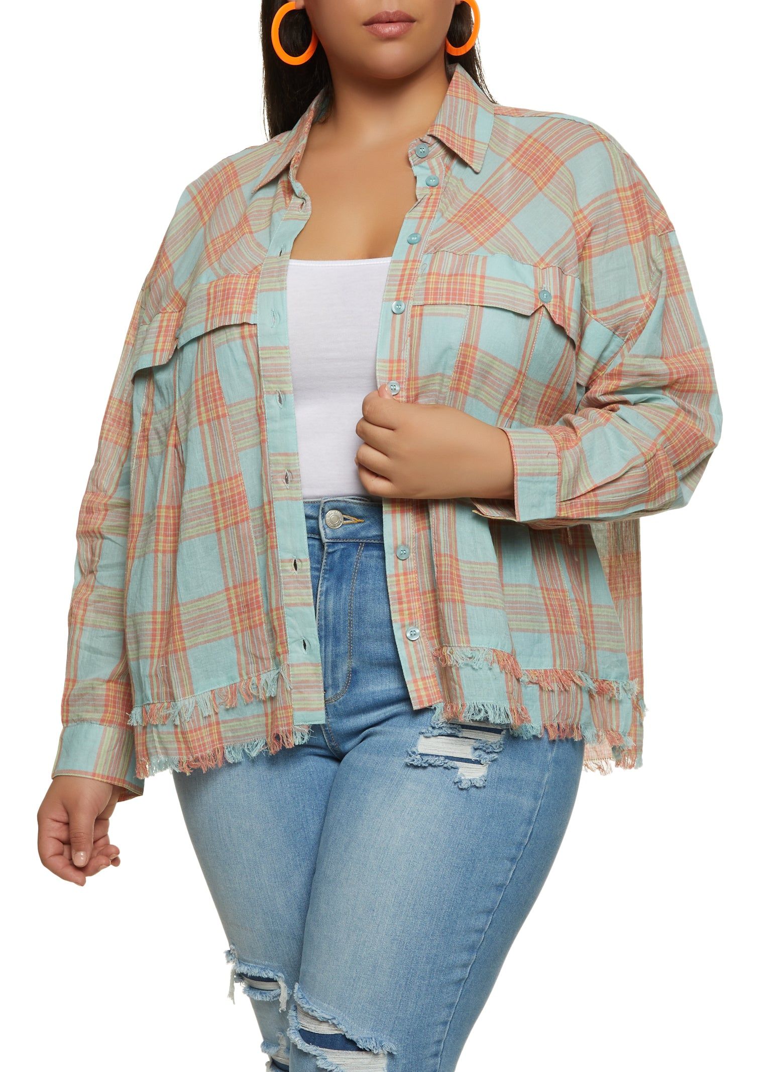 Plus Size Printed Frayed Hem Button Front Shirt sold by Rainbow
