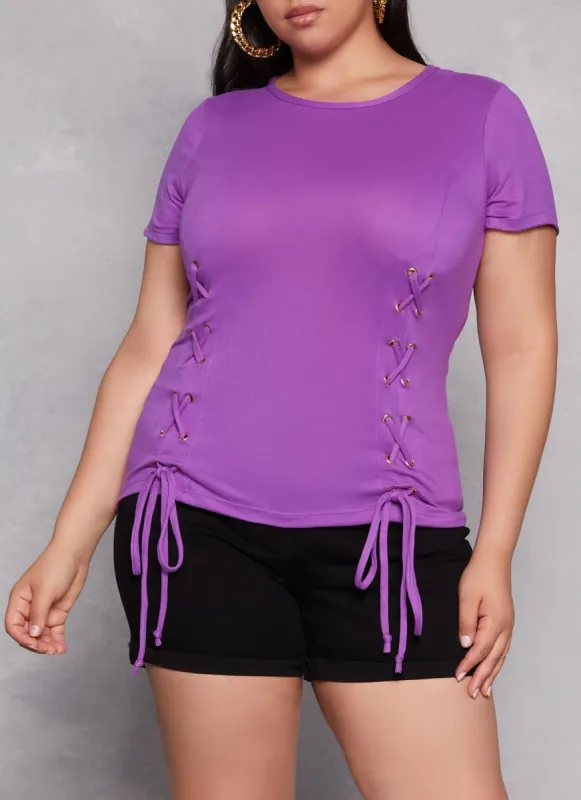 Plus Size Basic Lace Up Detail Short Sleeve Tee sold by Rainbow