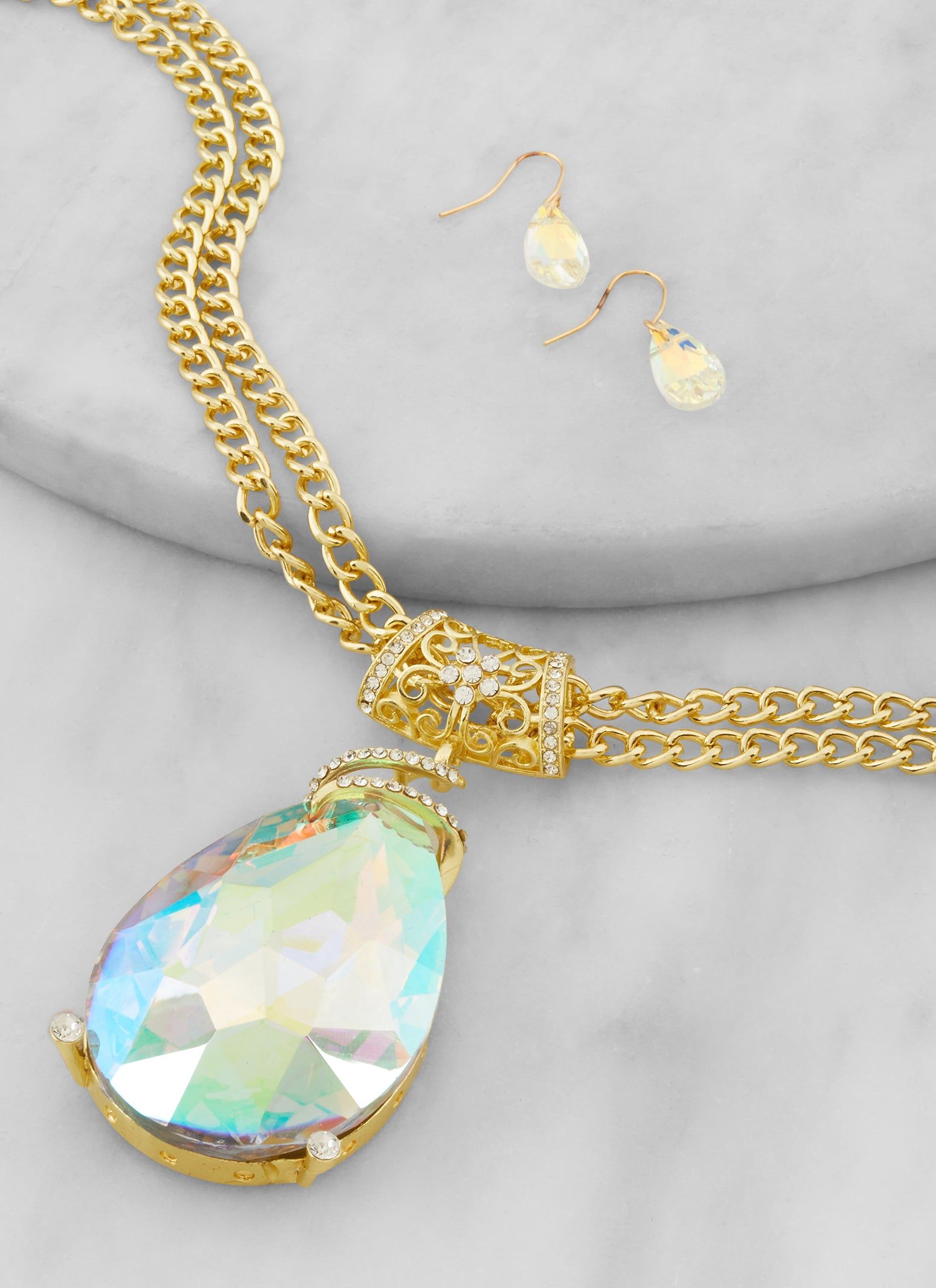 Rhinestone Teardrop Pendant Necklace and Earring Set sold by Rainbow product image thumbnail 2