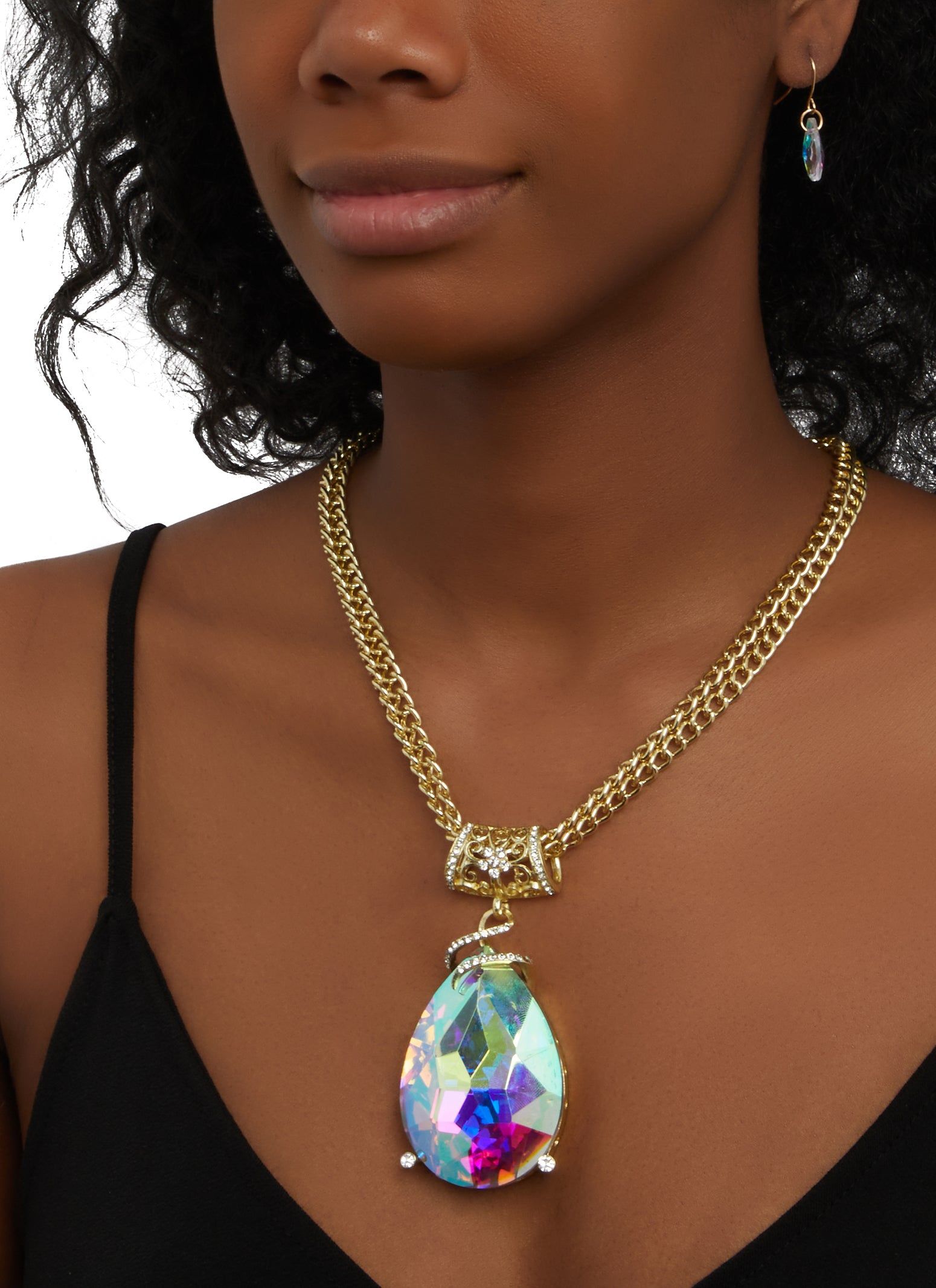 Rhinestone Teardrop Pendant Necklace and Earring Set sold by Rainbow