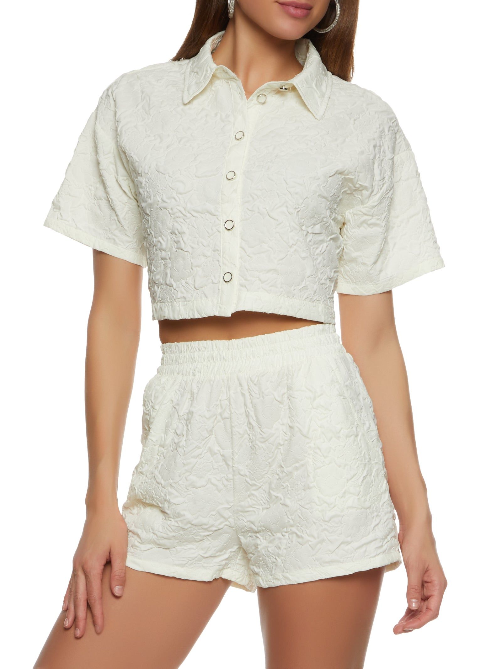 Textured Knit Floral Cropped Shirt sold by Rainbow