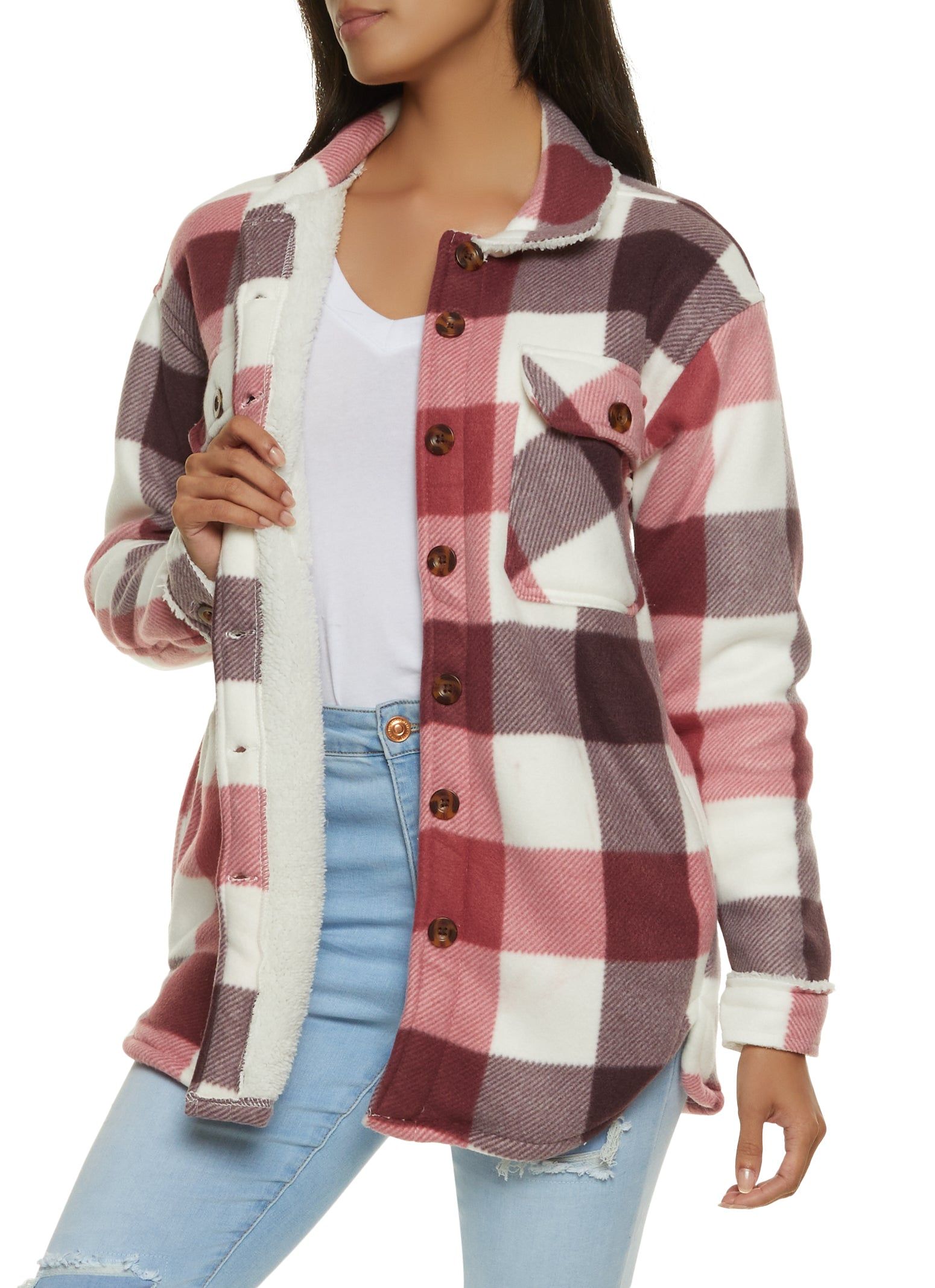 Plaid Sherpa Lined Brushed Knit Shacket sold by Rainbow