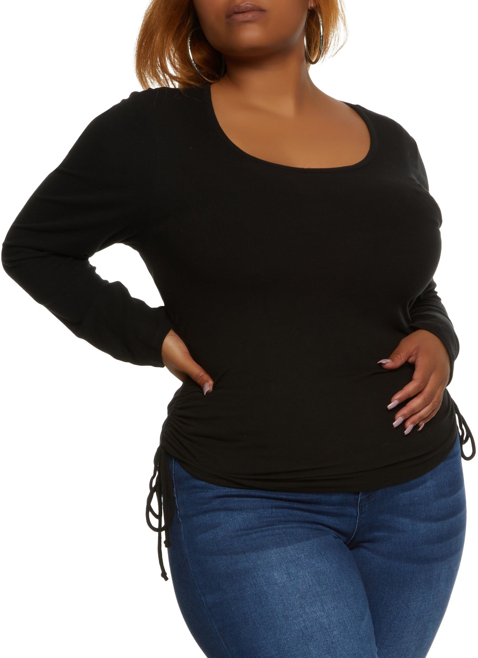 Plus Size Ribbed Knit Ruched Scoop Neck Long Sleeve Top sold by Rainbow