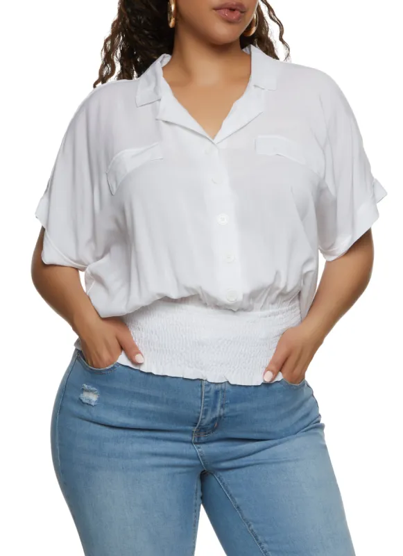 Plus Size Smocked Button Front Blouse sold by Rainbow