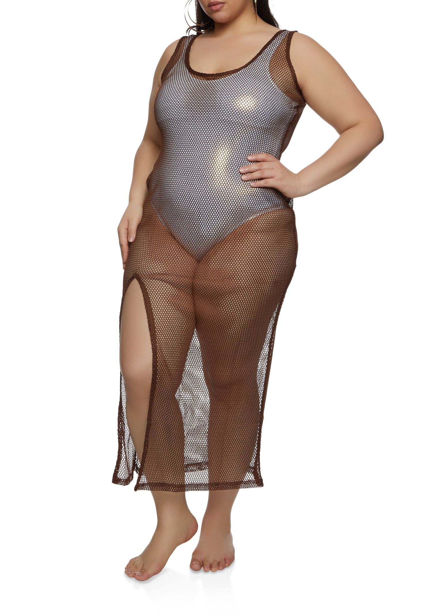 Plus Size Reversible High Slit Fishnet Cover Up Dress sold by Rainbow