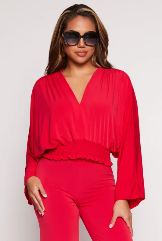 Smocked Hem Bell Sleeve Crop Top sold by Rainbow