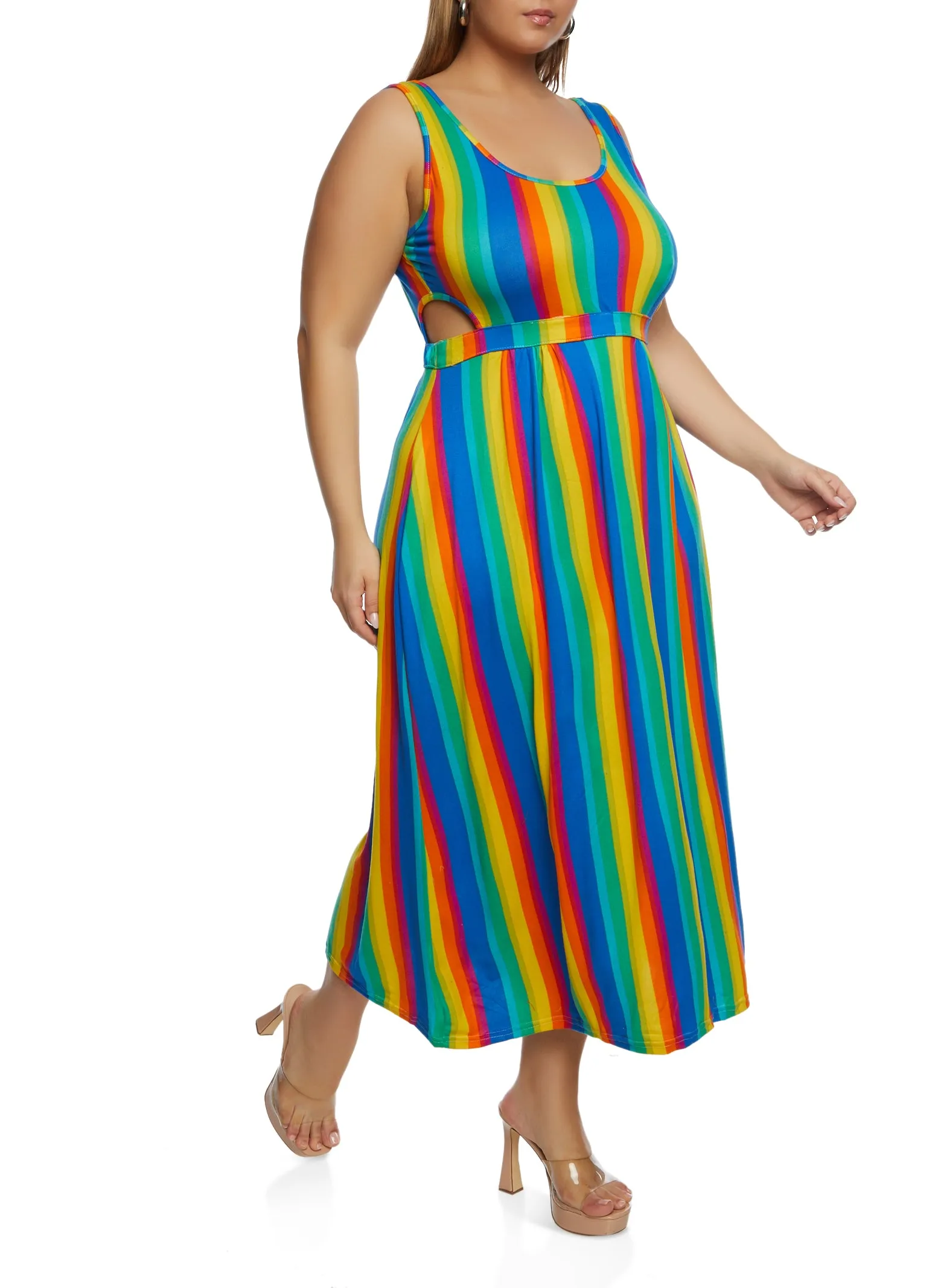 Plus Size Cut Out Rainbow Striped Maxi Dress sold by Rainbow