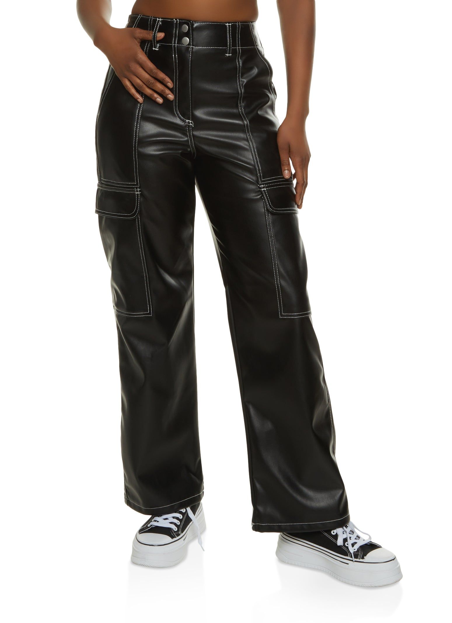 Faux Leather Contrast Stitch Cargo Pants sold by Rainbow