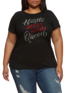 Plus Size Hustle Like A Boss Embossed Rhinestone Graphic Tee sold by Rainbow