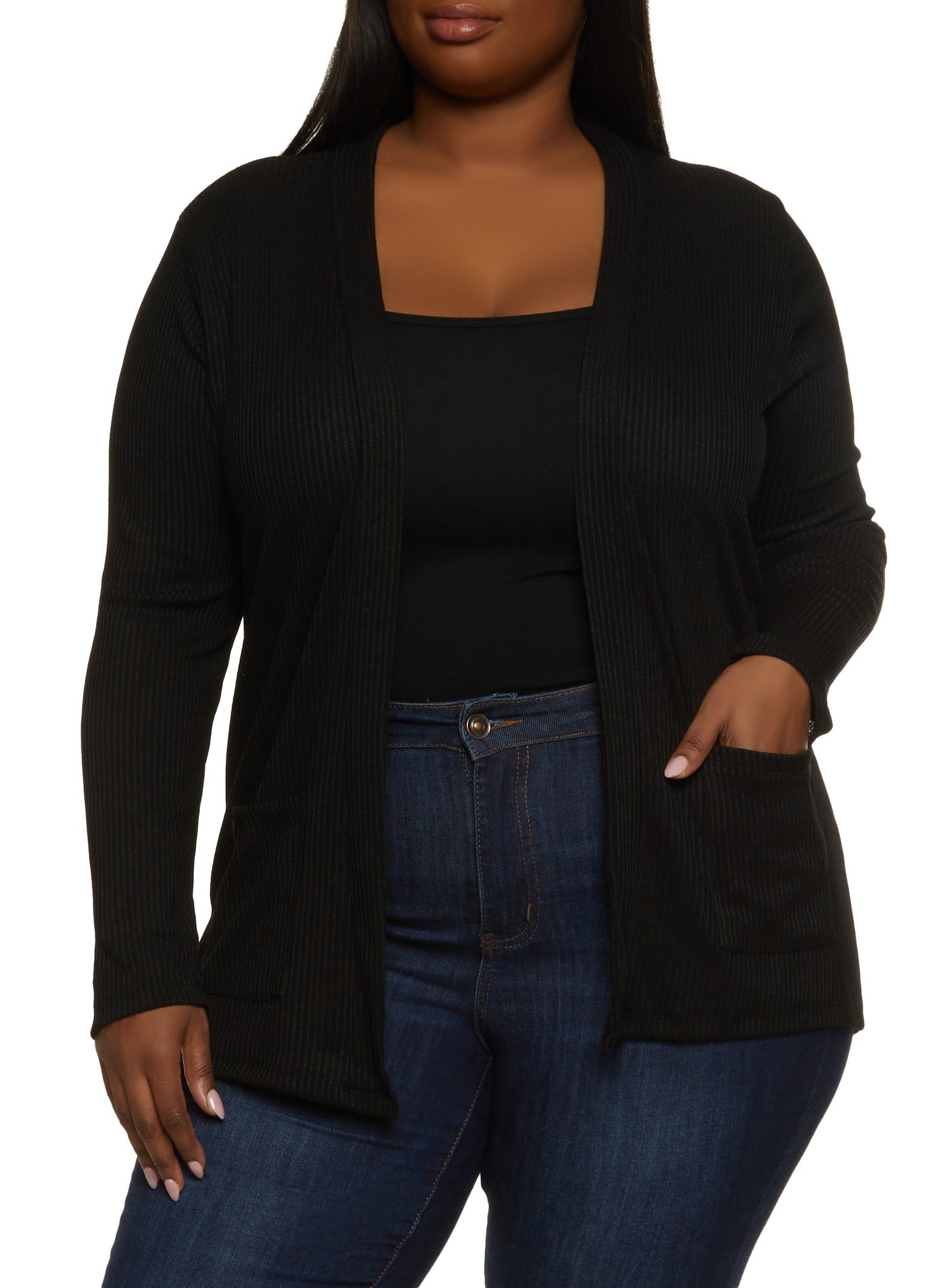 Plus Size Ribbed Knit Pocket Cardigan sold by Rainbow