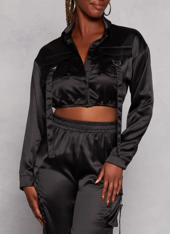 Satin Tabbed Cargo Pocket Crop Top sold by Rainbow