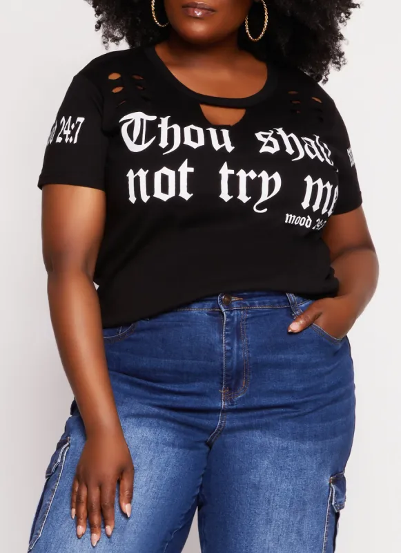 Plus Size Thou Shall Not Try Me Laser Cut Graphic Tee sold by Rainbow