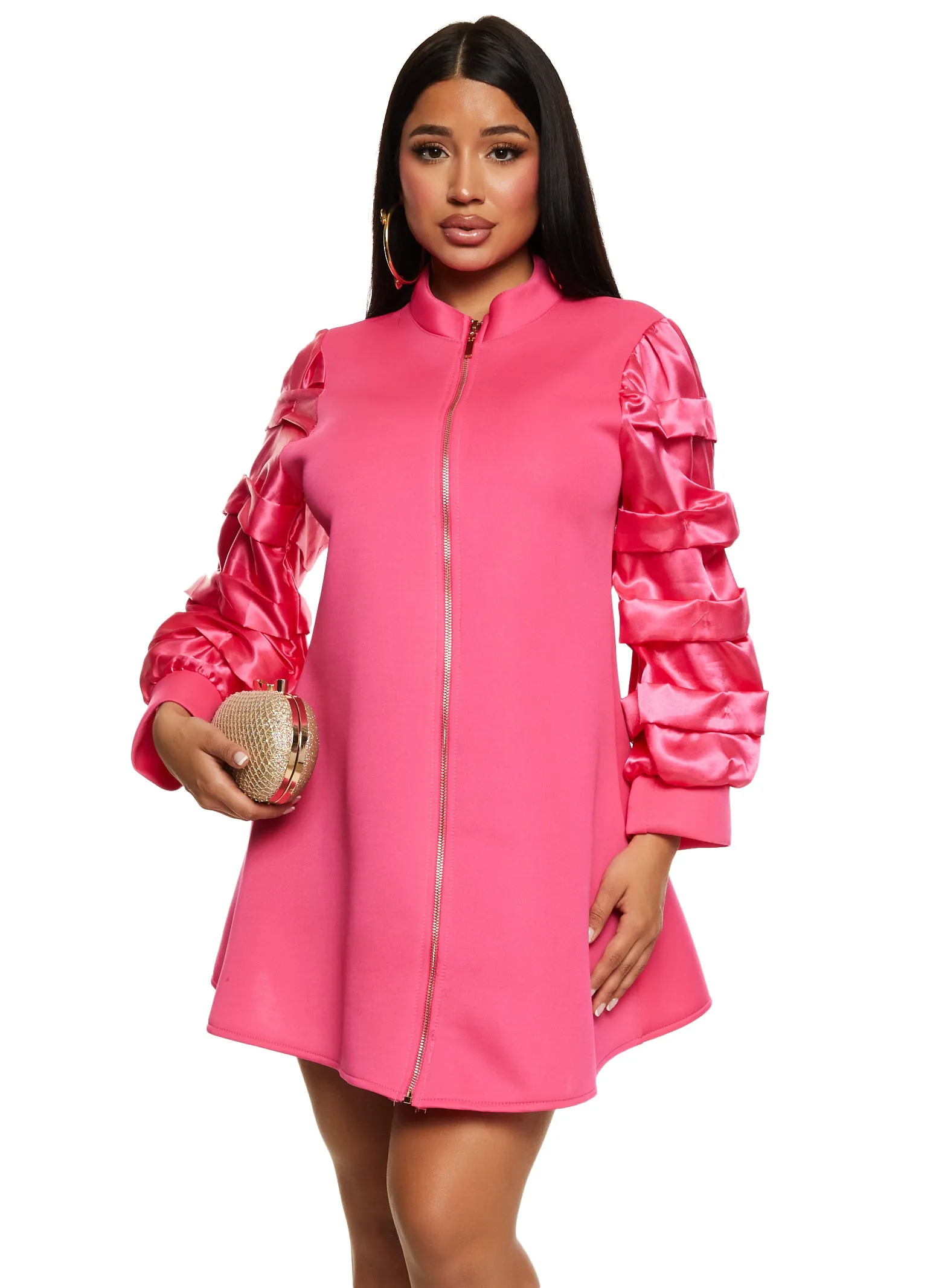 Ruched Puff Sleeve Zipper Front Dress sold by Rainbow