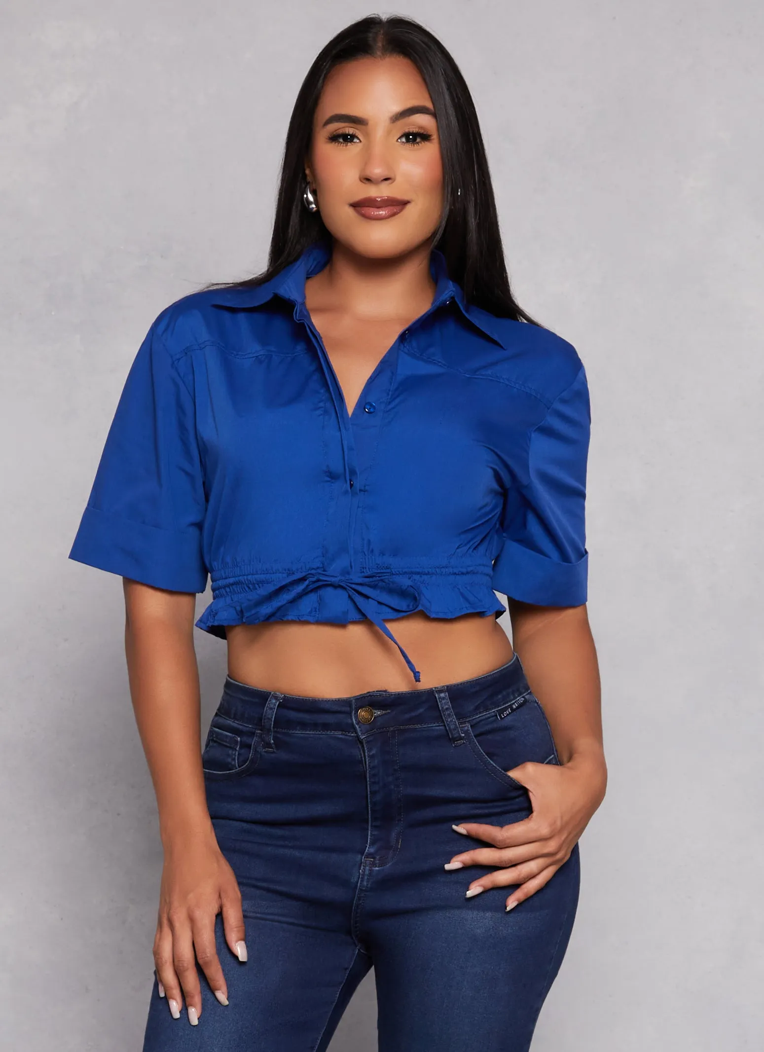 Poplin Button Front Drawstring Hem Shirt sold by Rainbow