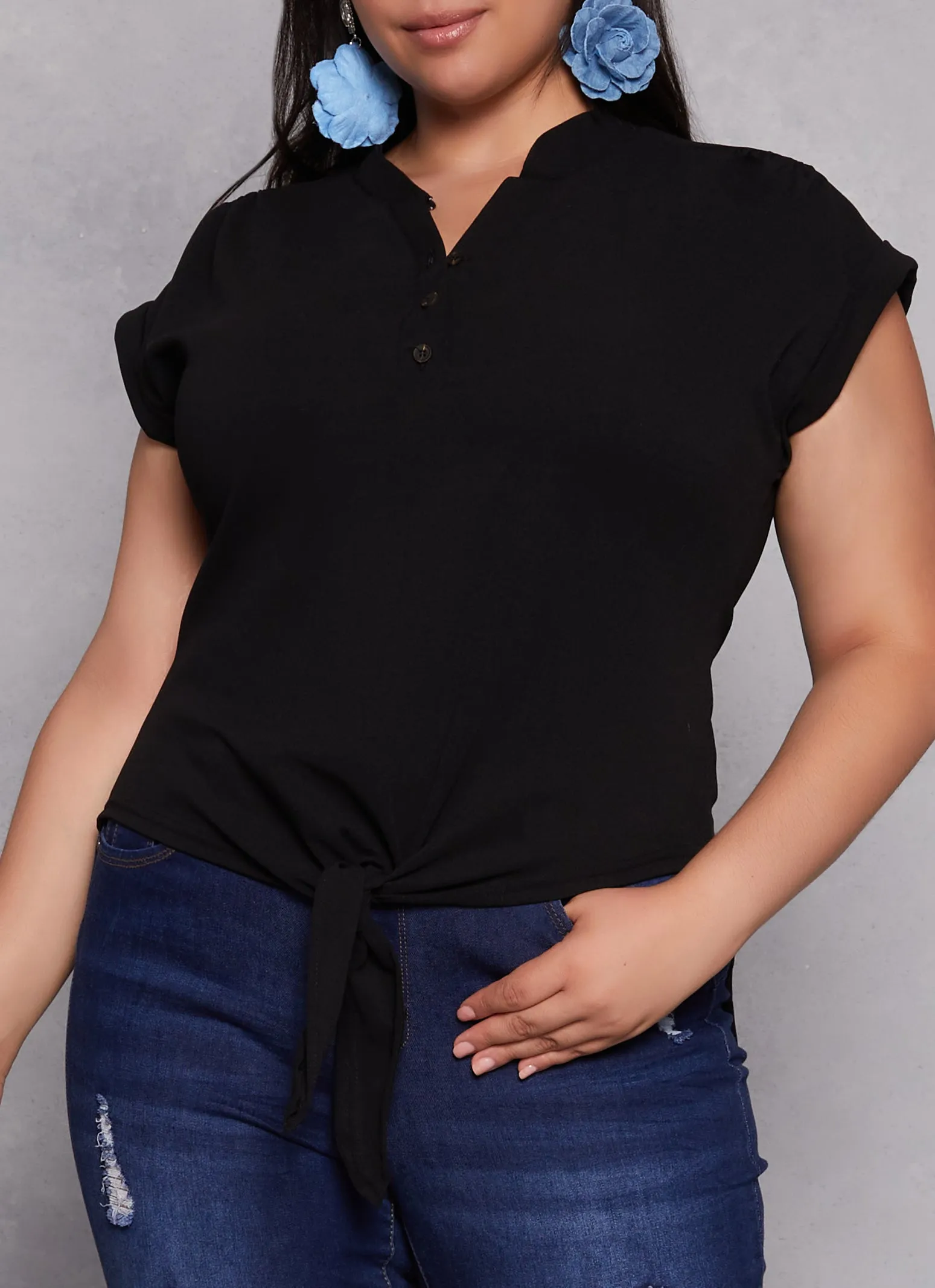 Plus Size Tie Front Half Button High Low Top sold by Rainbow