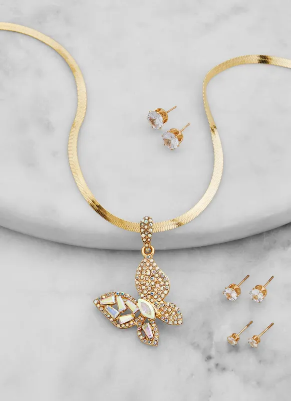 Cubic Zirconia Butterfly Charm Necklace with Stud Earrings Trio sold by Rainbow