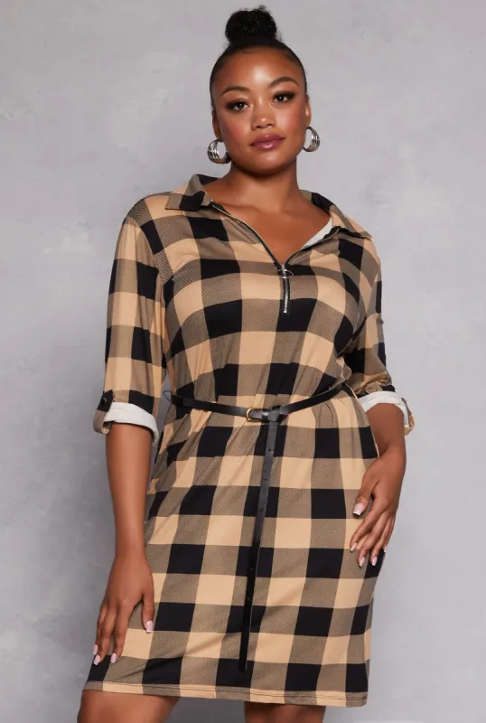 Plus Size Plaid Half Zip Belted Midi Dress sold by Rainbow