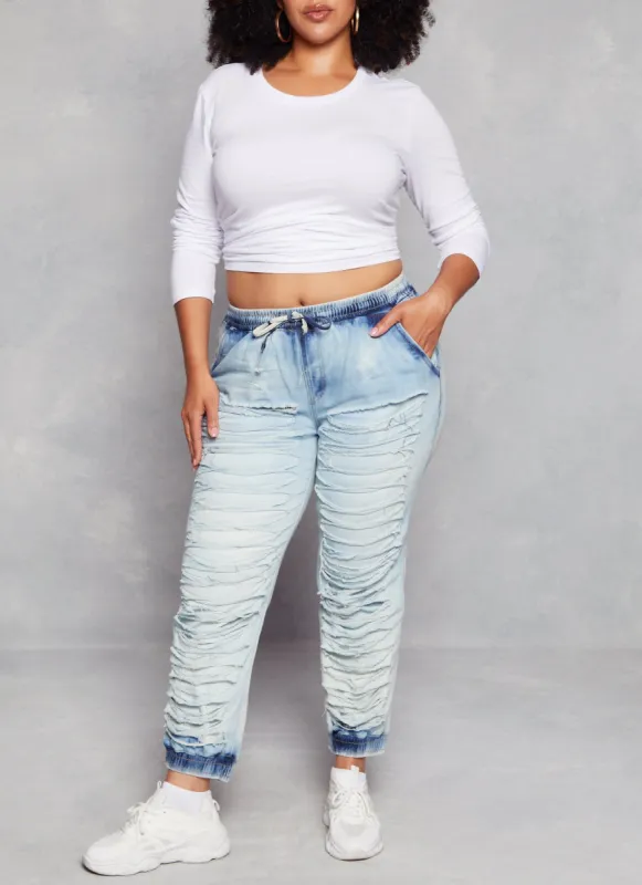 Plus Size Acid Wash Distressed Denim Joggers sold by Rainbow